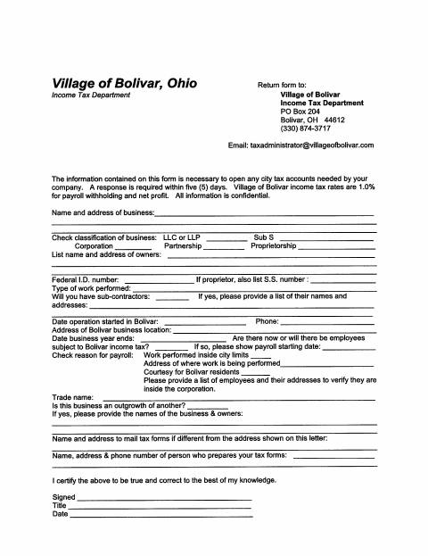 First page of the Business Questionnaire