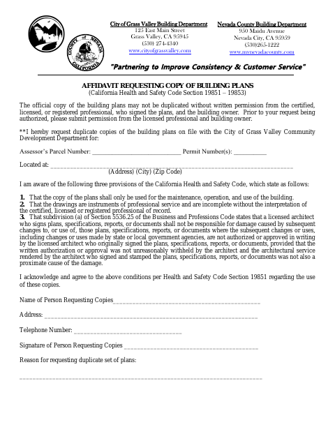 First page of the Affidavit Requesting Copy of Building Plans
