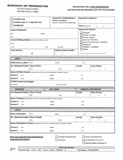 First page of the Application for a Non-Genealogical Vital Record