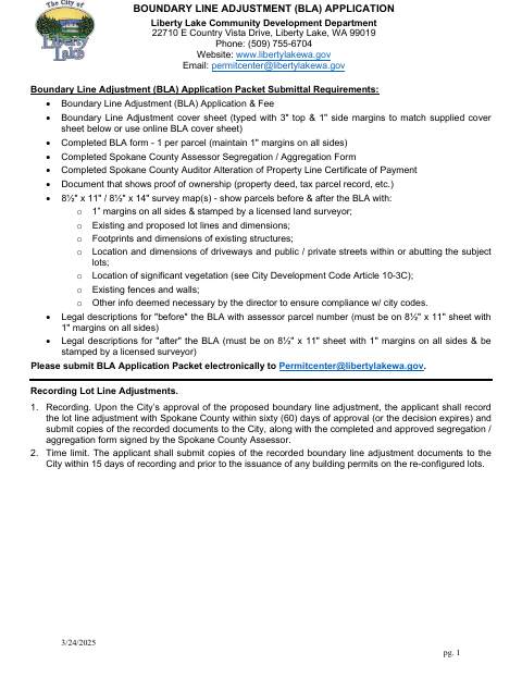 First page of the Boundary Line Adjustment Application