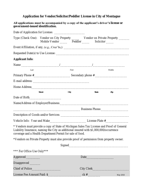 First page of the Application for Vendor/Solicitor/Peddler License
