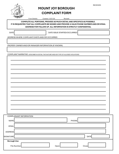 First page of the Complaint Form