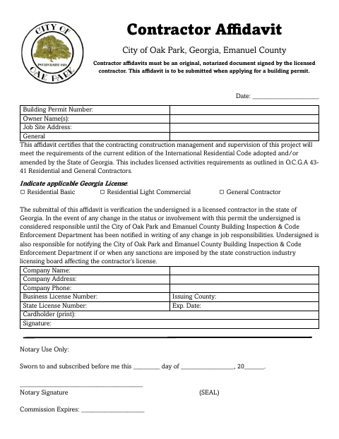 First page of the Contractor Affidavit