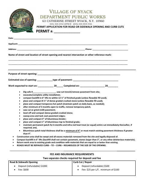 First page of the Permit Application for Road or Sidewalk Opening and Curb Cuts