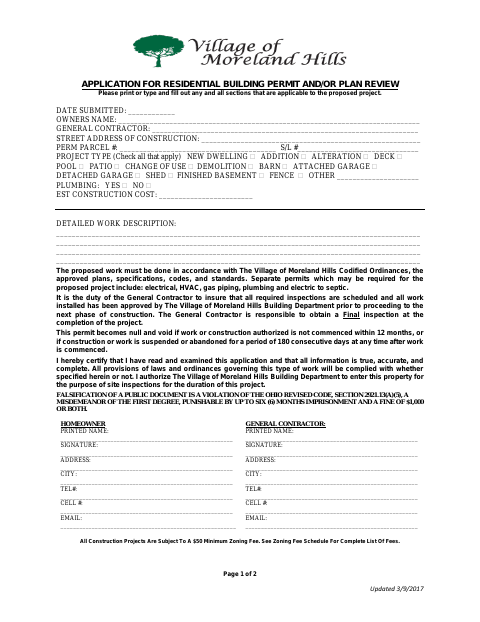 First page of the Application for Residential Building Permit and/or Plan Review