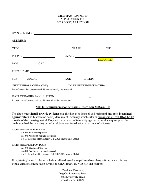 First page of the 2025 Dog/Cat License Application