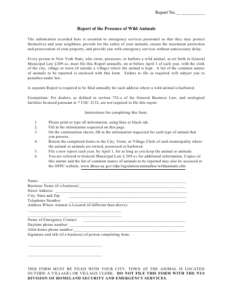 First page of the Report of the Presence of Wild Animals