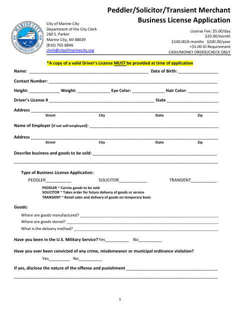 First page of the Peddler, Solicitor, and Transient Merchant Business License Application