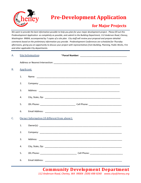 First page of the Pre-Development Application for Major Projects