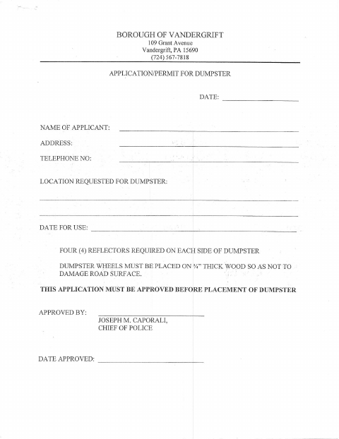 First page of the Dumpster Permit Application and Ordinance