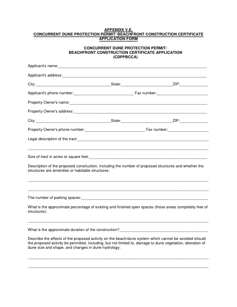 First page of the Concurrent Dune Protection Permit/Beachfront Construction Certificate Application