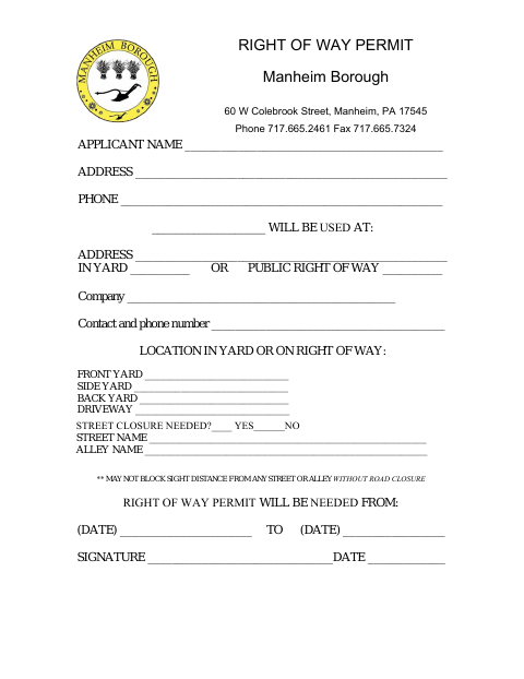 First page of the Right Of Way Permit