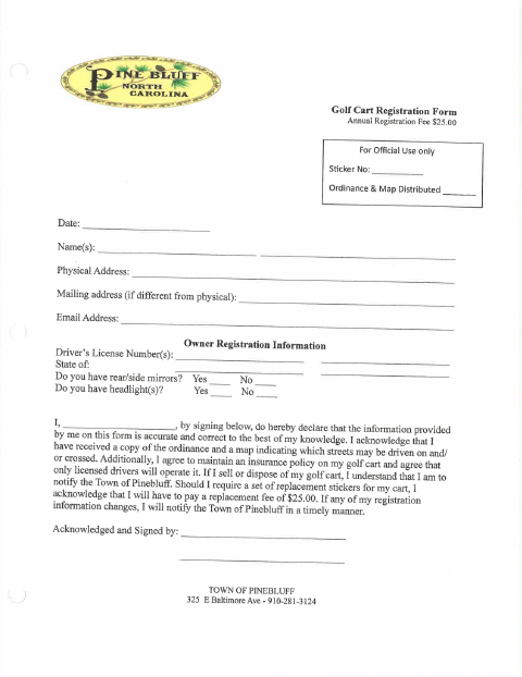 First page of the Golf Cart Registration Form