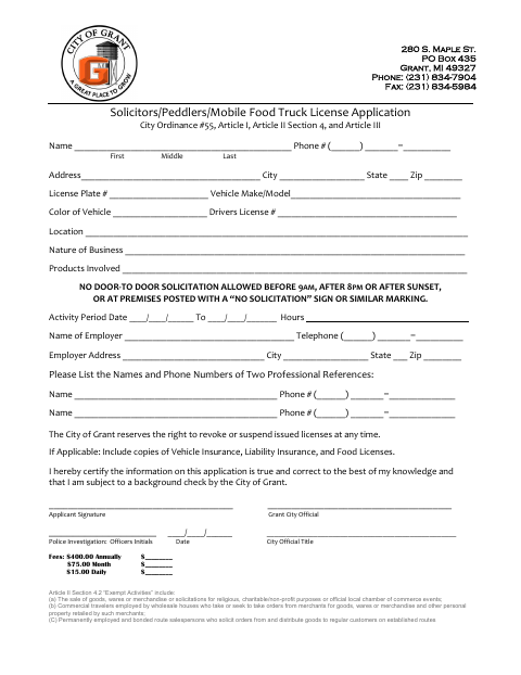 First page of the Solicitors, Peddlers, and Mobile Food Truck License Application