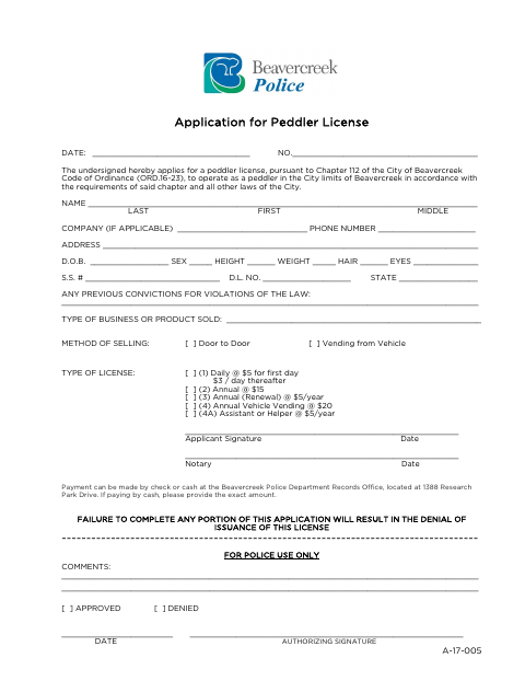 First page of the Peddler License Application