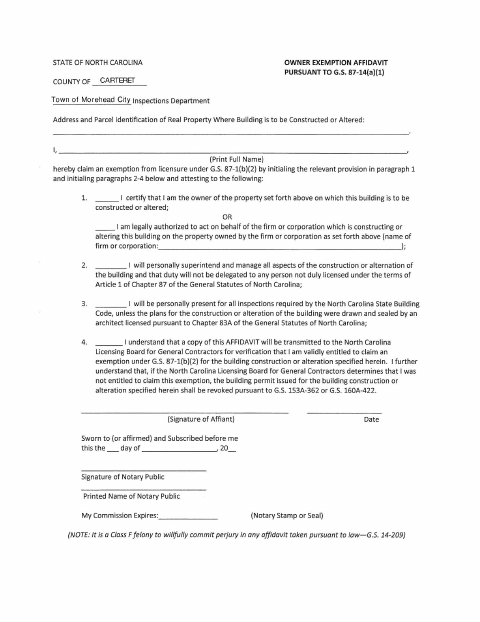 First page of the Owner Exemption Affidavit