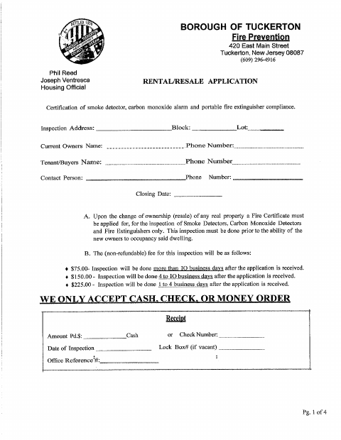 First page of the Rental and Resale Inspection Application