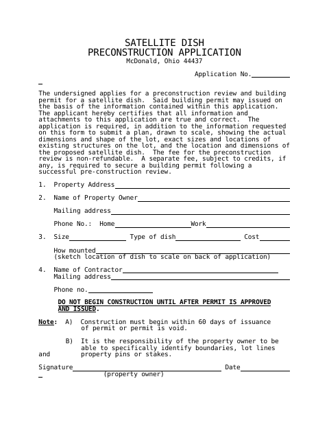 First page of the Satellite Dish Preconstruction Application