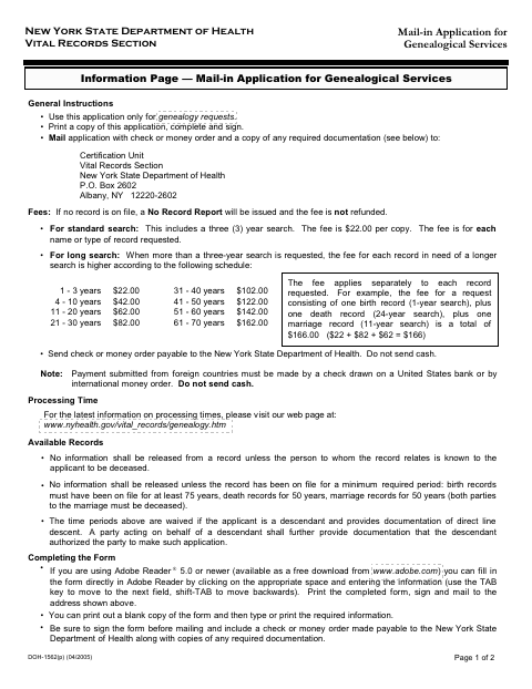 First page of the Mail-In Application for Genealogical Services