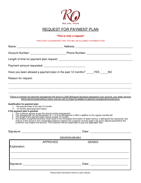 First page of the Request for Payment Plan