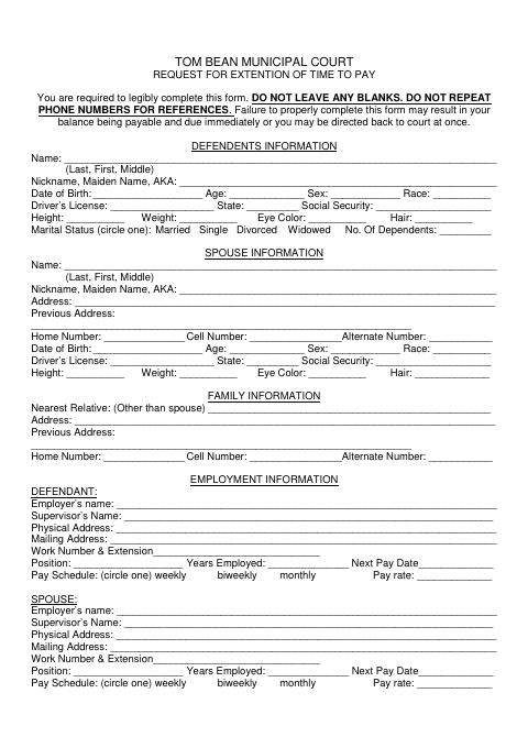 First page of the Municipal Court Request for Extension of Time to Pay