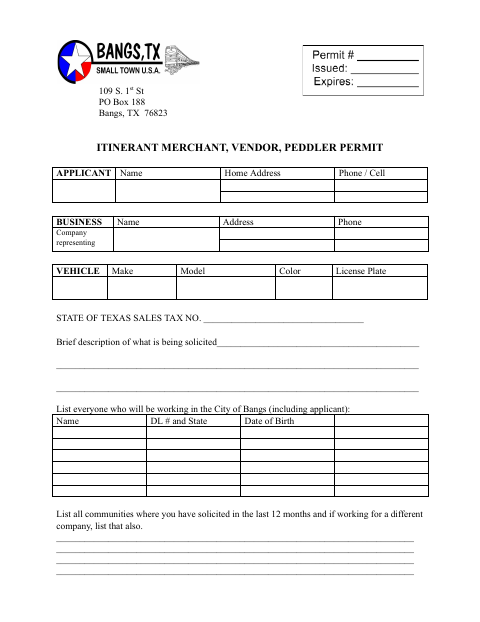 First page of the Itinerant Merchant, Vendor, Peddler Permit