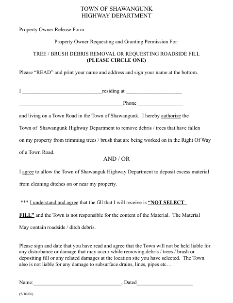 First page of the Tree and Brush Debris Removal or Roadside Fill Property Owner Release