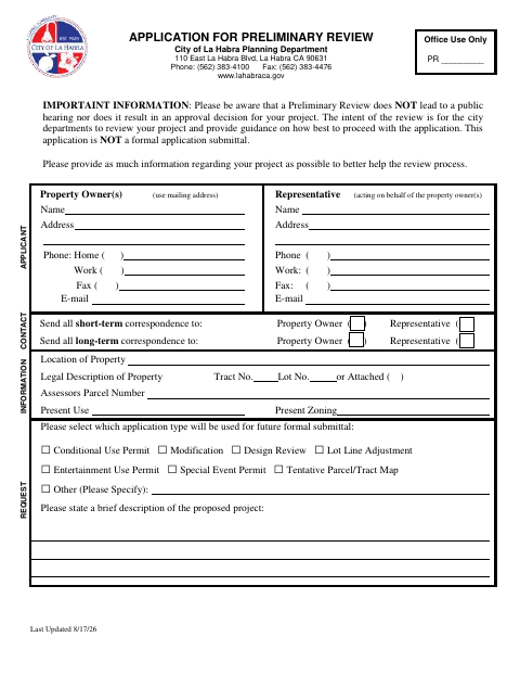 First page of the Application for Preliminary Review