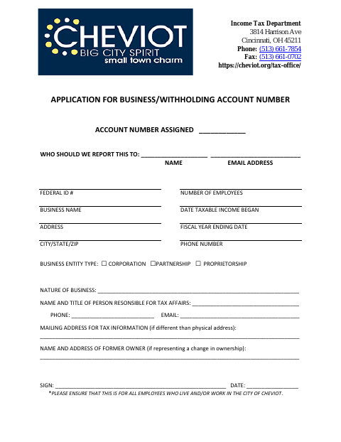 First page of the Application for Business/Withholding Account Number