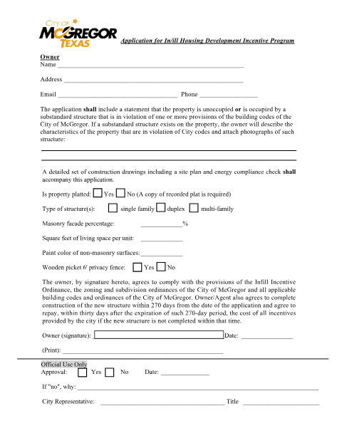 First page of the Application for Infill Housing Development