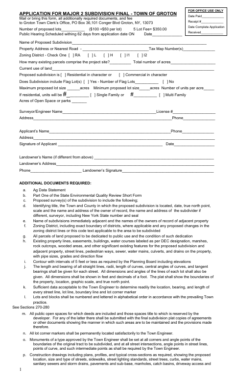 First page of the Major Subdivision Level 1 Final Application