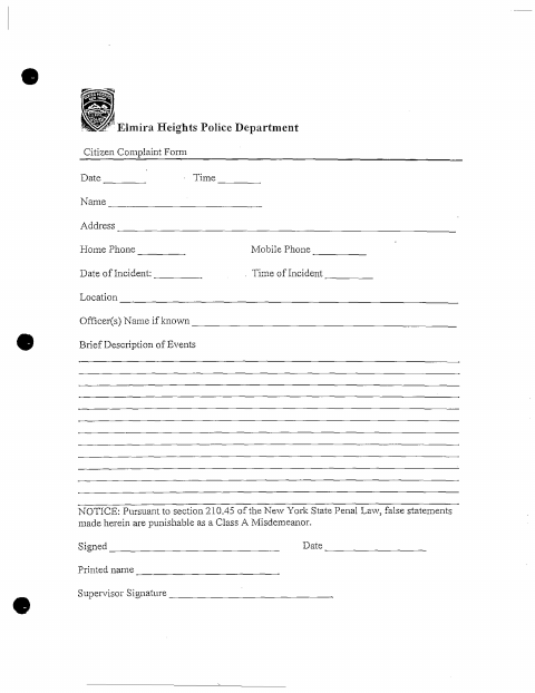 First page of the Police Department Citizen Complaint Form