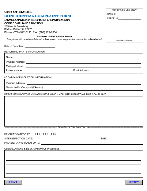 First page of the Confidential Complaint Form