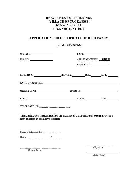First page of the Application for Certificate of Occupancy – New Business