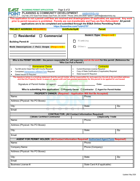 First page of the Plumbing Permit Application