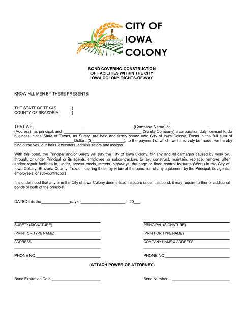 First page of the Right-of-Way Bond Form