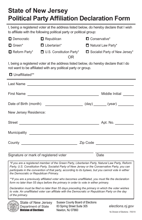 First page of the Political Party Affiliation Declaration Form