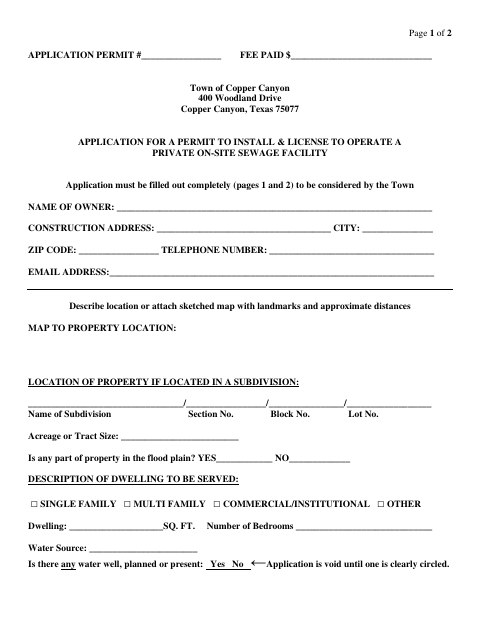 First page of the Application for a Permit to Install and License to Operate a Private On-Site Sewage Facility