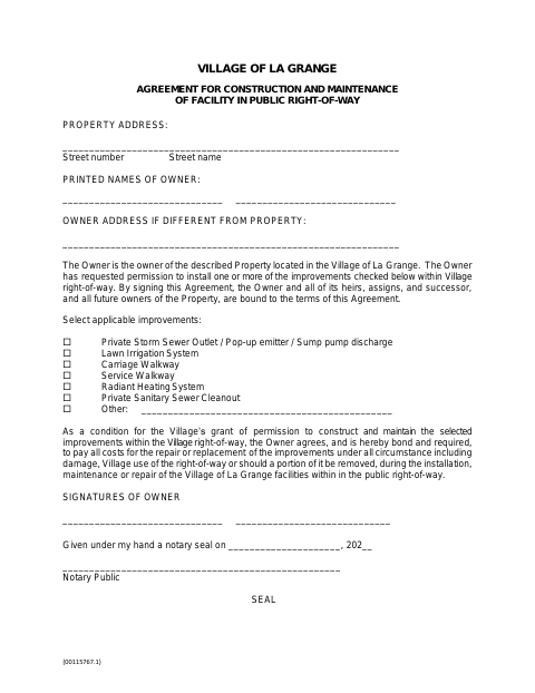 First page of the Agreement for Construction and Maintenance of Facility in Public Right-of-Way