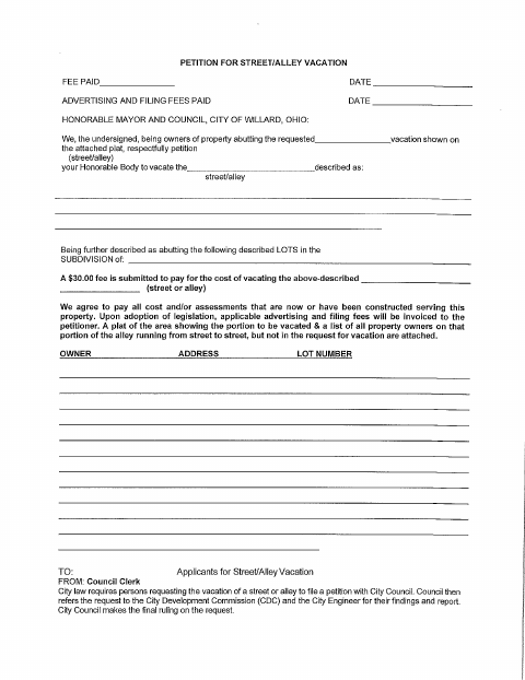 First page of the Street/Alley Vacation Petition