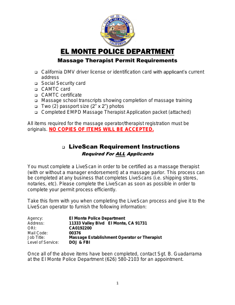 First page of the Massage Therapist Permit Application Packet