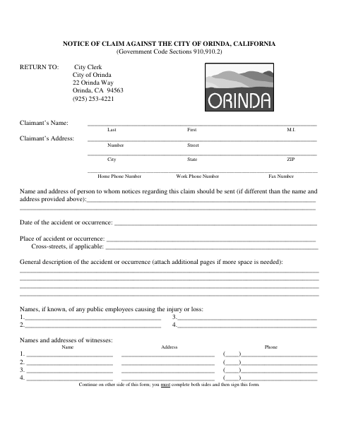 First page of the Notice of Claim Against the City