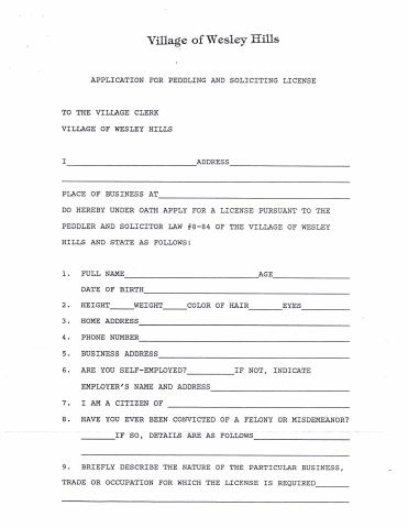 First page of the Peddlers Permit Application