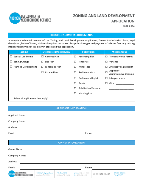 First page of the Zoning and Land Development Application