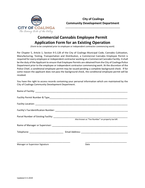 First page of the Commercial Cannabis Employee Permit Application for an Existing Operation