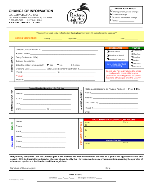 First page of the Change of Information Occupational Tax