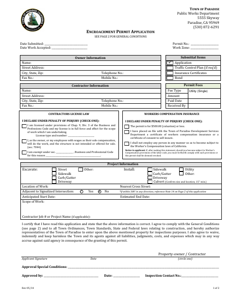 First page of the Encroachment Permit Application