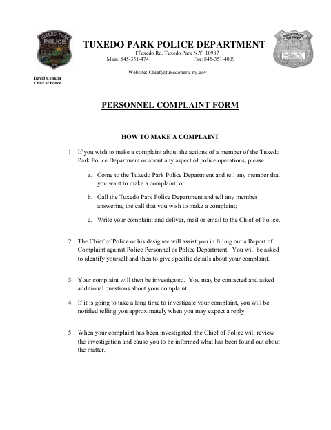First page of the Personnel Complaint Form