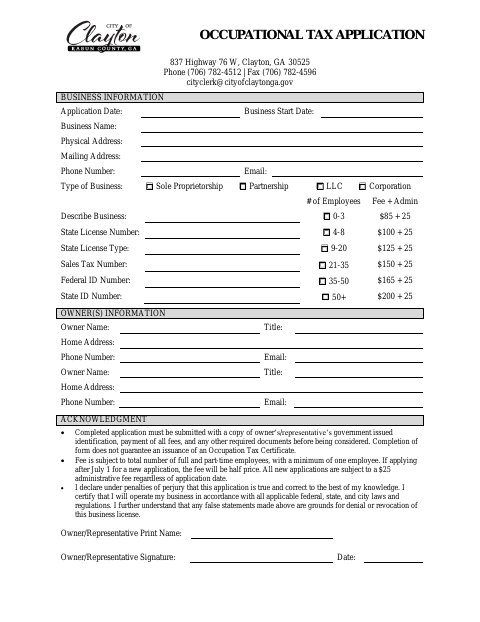 First page of the Occupational Tax Application