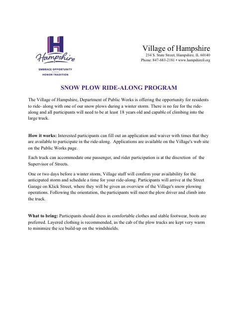 First page of the Snow Plow Ride-Along Program Application and Waiver